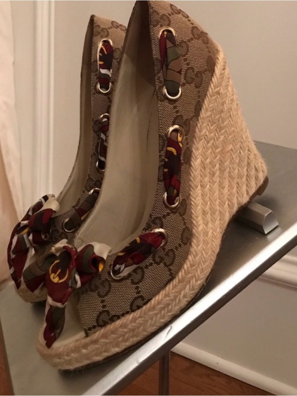 Gucci Beige GG Canvas Espadrille Wedges with Multicolor Scarf Lacing - Picture 2 of 8